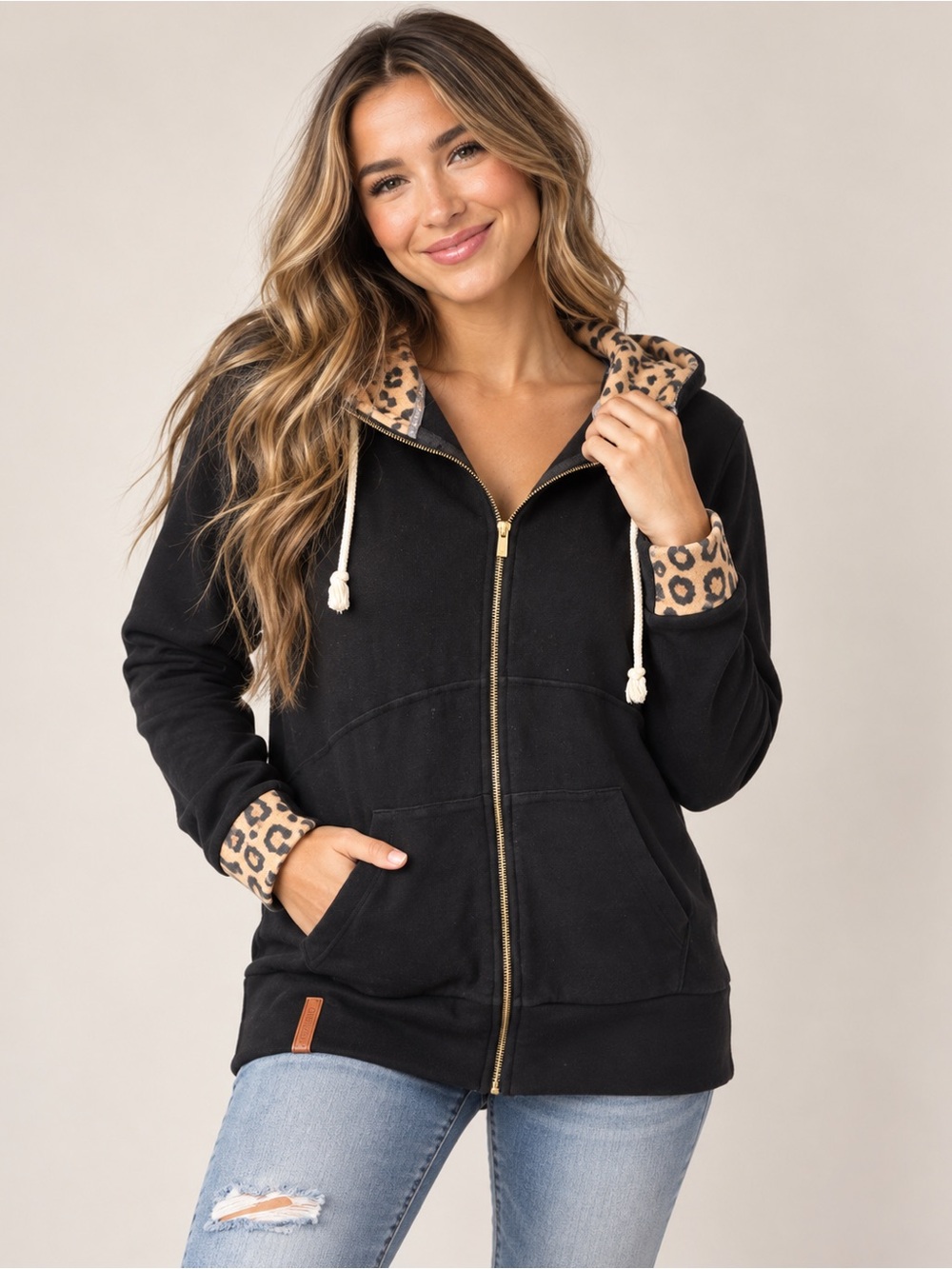 AMPERSAND AVE Black Zip Hoodie with Leopard Trim